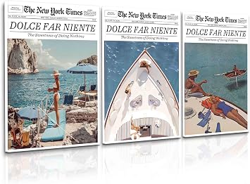 Vintage Fashion Yacht Poster Summer Sweet Life Wall Art Blue Beach Ocean Canvas Printing 70s Newspaper Printing Aesthetics Luxury Boot Art Italy La Dolce Vita Poster Teen Girls Dormitory Room Decoration 12x16x3 inches Unframed