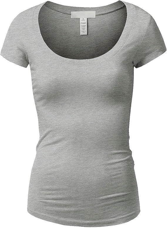 Active Basic Womens Plain Basic Deep Scoop Neck with Cap Short Sleeves, Heather Gray, Small