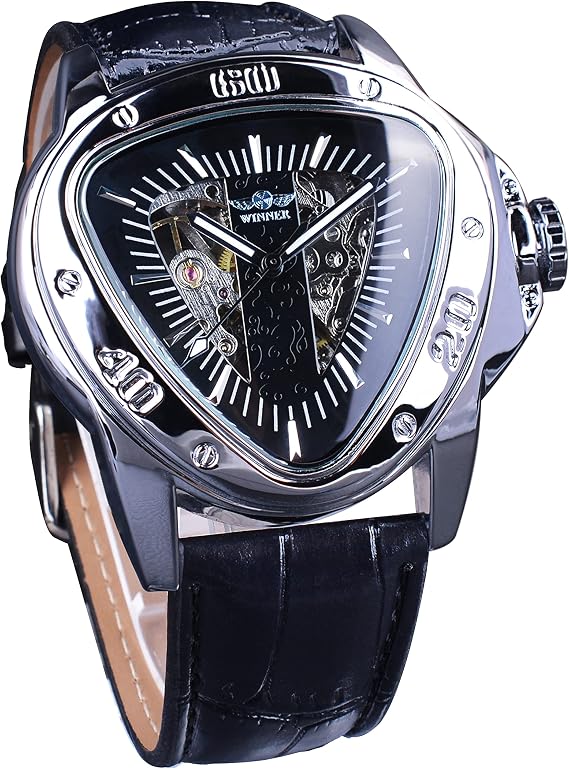 Winner Fashion Mechanical Watch Triangle Racing Dial, Waterproof Golden Skeleton Dial Automatic Movement Leather Design Mechanical Watch for Men, Silver