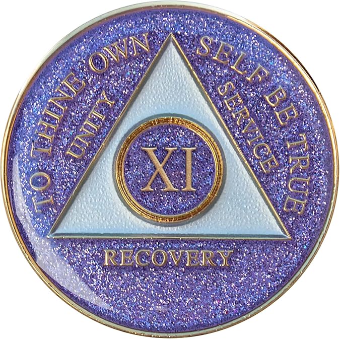 Recovery Mint 11 Year Purple Glitter Tri-Plate Alcoholics Anonymous Medallion- AA Sobriety Chip