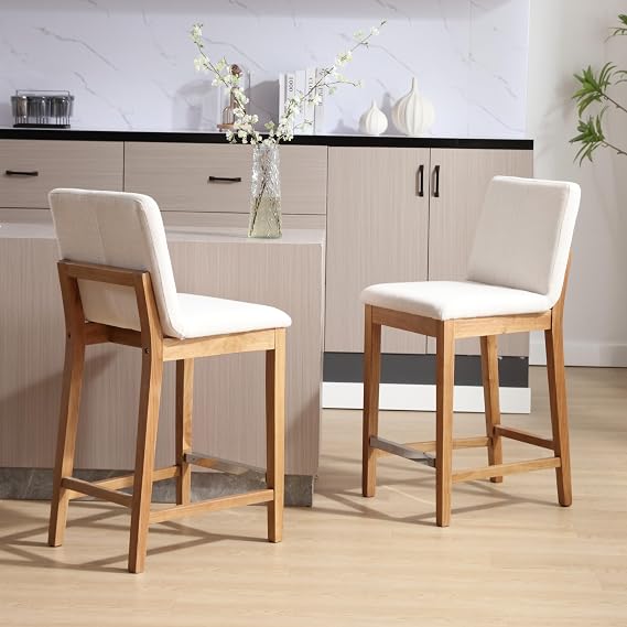 Kmax 26 Inch Bar Stools Set of 2 with Back Support, Linen, Cream