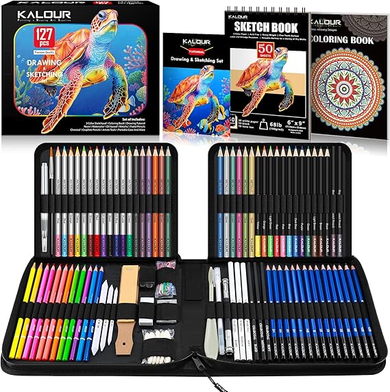 KALOUR PDAS 127-Piece Drawing & Sketching Set, Professional Art Supplies with 3-Colour Sketchbook & Colouring Book, Neon, Watercolour, Metallic, Graphite, Charcoal Pencils, Gift for Adults & Teens