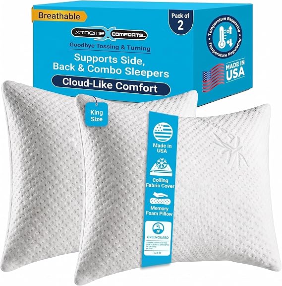 Xtreme Comforts Memory Foam Pillows | GREENGUARD Certified Shredded Foam Fill for Personalized Support | Slim Cooling King Bed Pillows for Side, Back & Stomach Sleepers | Pillows King Size