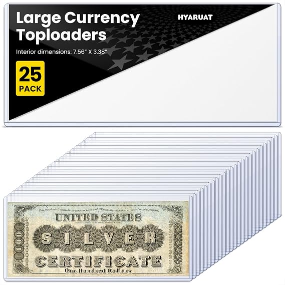 25 Pack Large Currency Toploader - Premium Dollar Bill Holders, Durable Protective Sleeves for Large Bills, Currency Notes & Collectibles