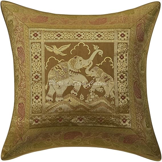 Indian Decorative Sofa Couch Toss Throw Pillow Case 40x40 cm Brocade Hallway Decor Gold Elephant Jacquard Square Luxury Zippered Ethnic 16x16 Inch Cushion Cover - 1 Pc
