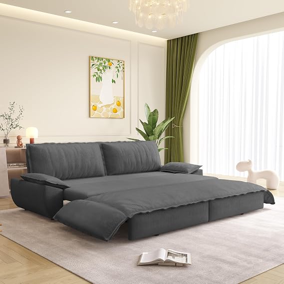 73.2 Queen Size Sofa Bed, Corduroy Loveseat 3-in-1 Convertible Sleeper Sofa Couch, Love Seat Pull Out Sofabed, Space Saving, Gray