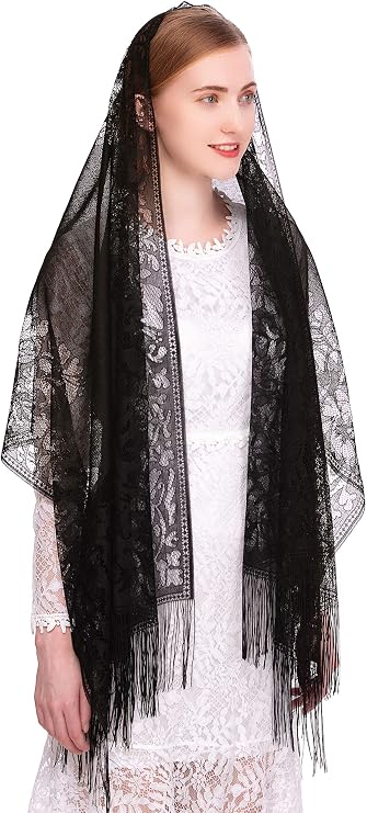 PAMOR Chapel Veil Scarf Mantilla Veils Rectangular Wrap Shawl Mass Head Covering with Fringe Trim