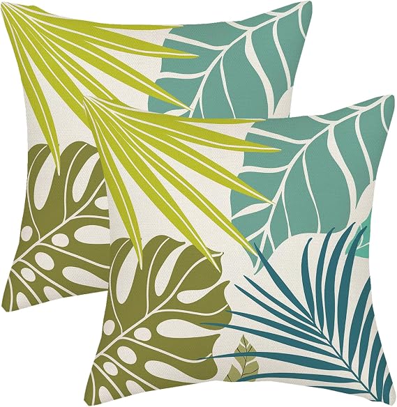AGAYNA Summer Outdoor Pillow Covers 16x16 Lime Green Aqua Teal Cyan Palm Throw Pillows for Couch Tropical Leaf Pillowcase Leaves Plant Decorative Cushion Case for Sofa Bed Decorations Set of 2