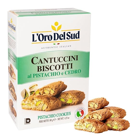 L'Oro Del Sud Pistachio Biscotti Cookies 6.3 oz (180g) | Cantuccini d'Abruzzo Italian Cookies, Made with Pistachios & Cedron, Non-GMO, Product of Italy