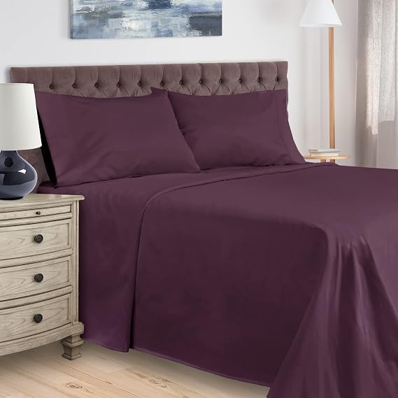 Superior Egyptian Cotton 400 Thread Count Bed Sheet Set, 1 Elastic Deep Pocket Fitted Sheet, 1 Flat Sheet, 2 Pillowcases, Soft Bedding, Luxury Sheets, Sateen Weave, Olympic Queen Size, Plum