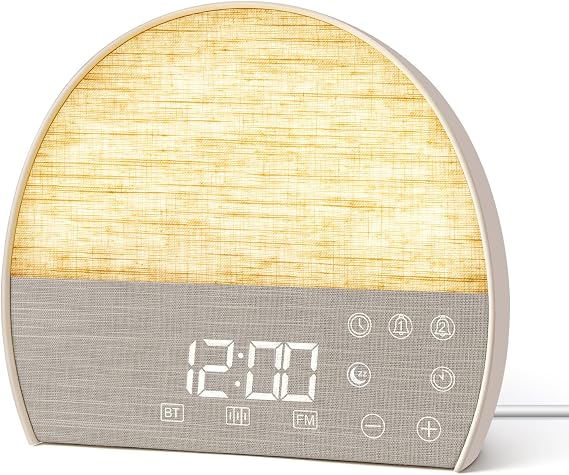 Sunrise Alarm Clock Wake Up Light, Bedside Alarm Clock with White Noise Machine, Bluetooth Speaker, FM Radio, Dual Alarms, Sunset Sleep Timer, Dimmable Display, USB-C Bedroom Night Light