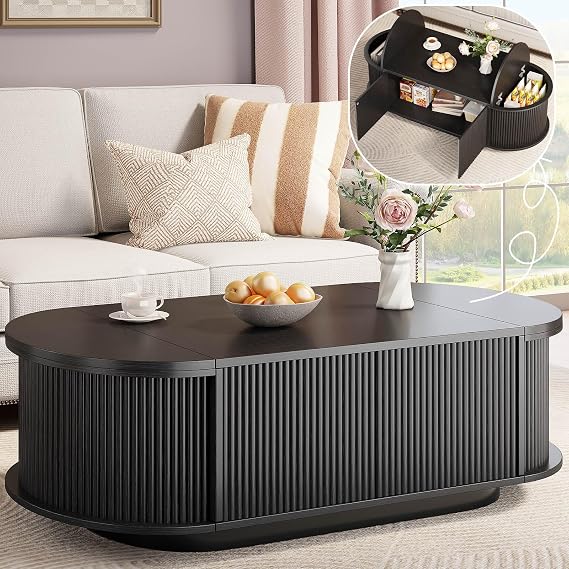 HSH 47" Oval Coffee Table with Storage, Black Coffee Table for Living Room