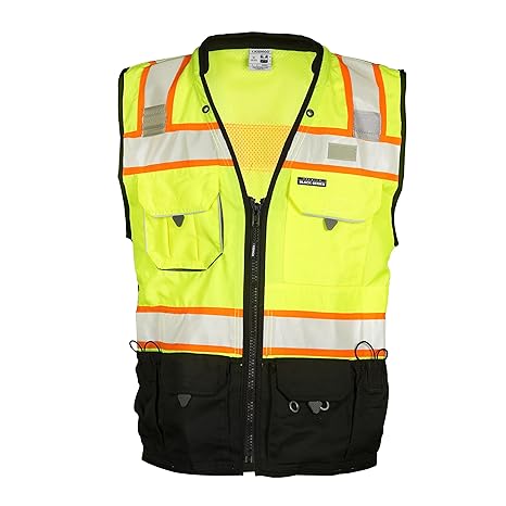Kishigo Premium Black Series Men's Surveyors Vest S5002, Class 2 Hi-Vis Safety Vest, 10 Pockets with Reinforced Front Zipper Closure & Durable Webbing, ANSI/ISEA 107 Compliant (Lime/Black, LG)