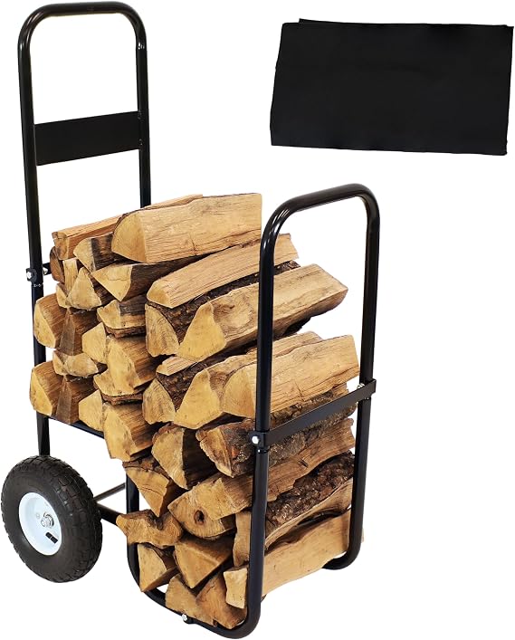 Sunnydaze Metal Firewood Carrier with Wheels, Cover Included, 43 H, Black