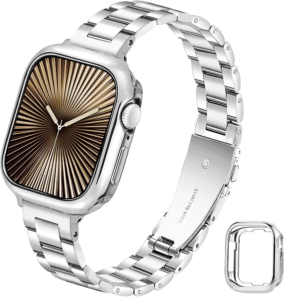 Slim Metal Straps with Protective Cover for Apple Watch Straps Women 44mm 45mm 42mm 41mm 40mm 38mm, Thin Stainless Steel Band with Case, iWatch Strap for Apple Watch Series SE 9 8 7 6 5 4 Strap