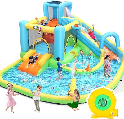 Whubefy Bounce House Water Slide for Kids 3-12 wBlower, Waterslide 12.8x12Ft Waterpark with Jump Area, Catch Ball, Toss Rings, Water Blaster, 10 Accessories, Hold for 8 Kids, PVC Water Bounce House