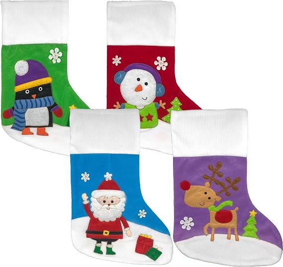 Black Duck Brand Set of 4 Deluxe Christmas Stockings 21in- Santa, Snowman, Reindeer, Penguin