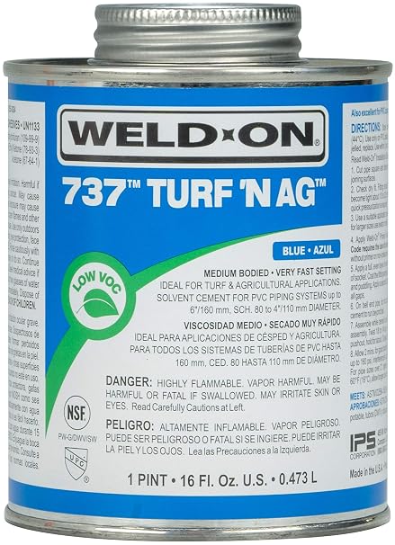 Weld-On 10990 737 Turf 'N Ag PVC Medium-Bodied High-Strength Solvent Cement - Very Fast-Setting and Low-VOC, Blue, 1 Pint (16 fl oz)