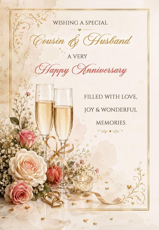 Cousin & Husband Anniversary Card - Personalise with Any Names, Relation and/or Year - Congratulations Champagne Glasses Design - LUXURY TEXTURED CARD - POSTED SAME DAY - FULL COLOUR INSIDE!