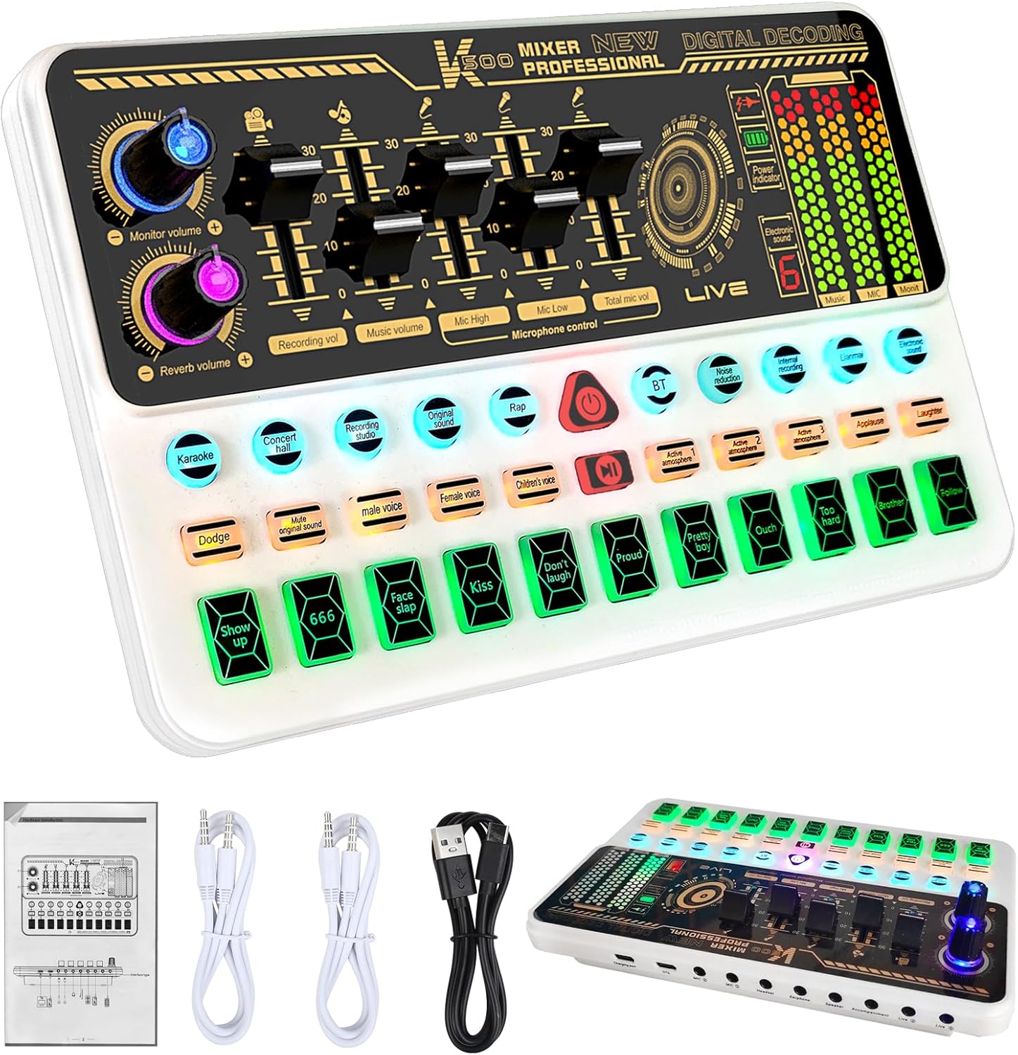 Audio Mixer With Effects, Live Sound Card with Volume Fader, Voice Changer, Sound Effects, for Karaoke, Recording, Podcasting Sound Board for Kids, Gift, Gme, PS5White