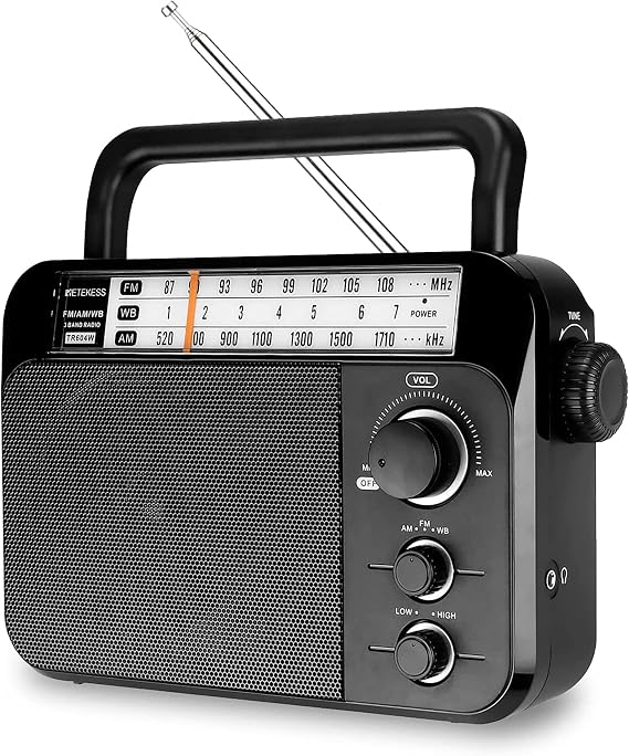 Retekess TR604W AM FM NOAA Radio, Portable Emergency Weather Radios(Black) | for Home, Best Reception, AC or D Battery Powered, Clear Dial, Large Knob