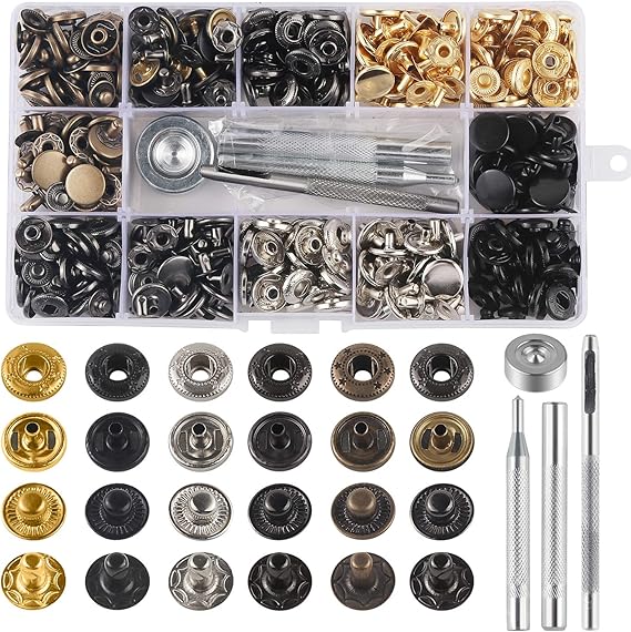 132 Sets Leather Snap Fasteners Kit, MSDADA 12.5 mm Metal Snaps Buttons Press Studs Tool with 4PCS Fixing Tools, Sewing Snaps for Clothes Leather Craft Bracelets Jeans Wears Jackets Bags Belt | Press Studs with 4PCS Fixing Tools, Sewing Snaps for Clothes Leather Craft Bracelets Jeans Wears Jackets Bags Belt