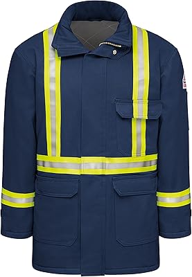 Bulwark Flame Resistant 7 oz CottonNylon Excel FR ComforTouch Regular Deluxe Parka with CSA Reflective Trim with Fully Insulated Stand-up Collar, Knit Storm Cuff, Navy, Medium