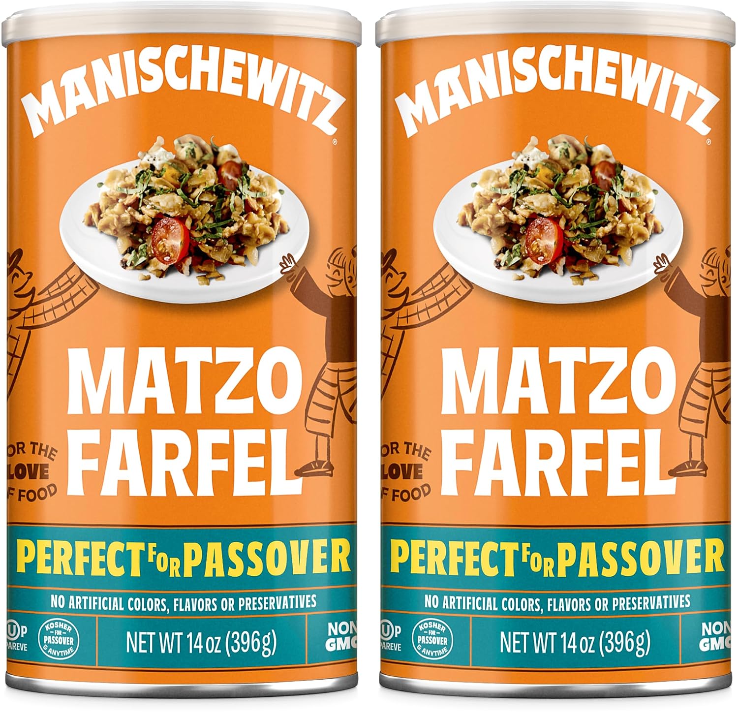 Manischewitz Matzo Farfel, 14oz 2 Pack Resealable Canister, Sodium Free, No Artificial Colors or Flavors, Non GMO, Kosher For Passover & Year Round