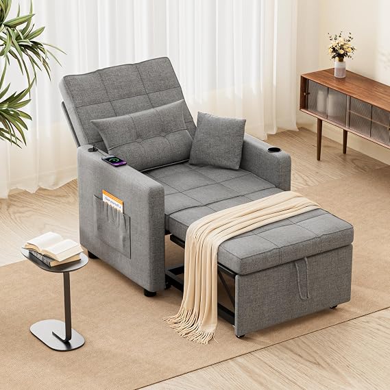 BonVache 3-in-1 Convertible Single Sofa Bed, Chair bed with USB & Type-C Ports, Storage pocket and 5-position adjustable backrest, Pull Out Bed for Living Room, Guest Room, Bedroom, Grey