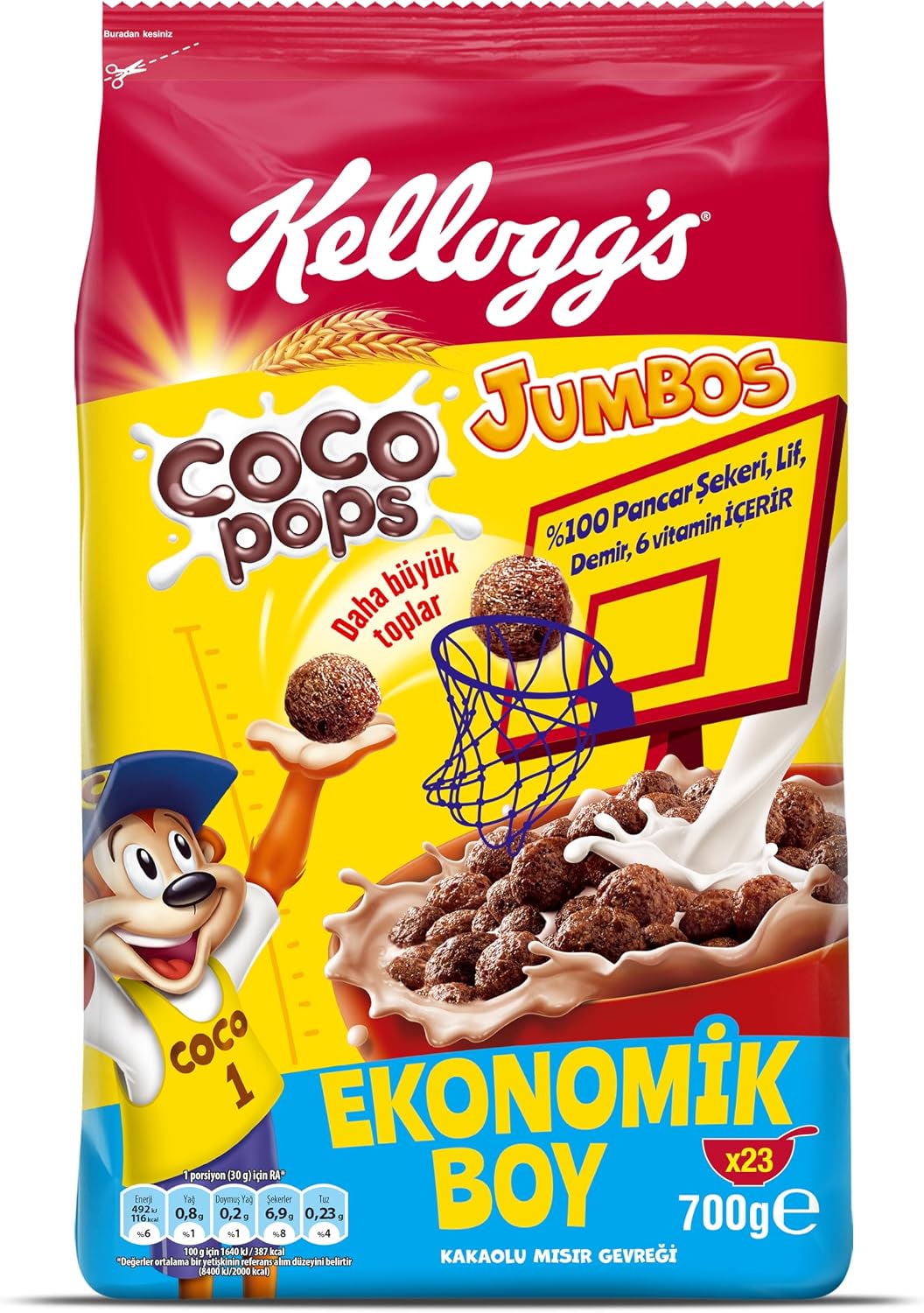 KELLOGGS Coco Pops Jumbos Cocoa Corn Flakes 700 G, Fiber, Iron and 6 Vitamin Sources, Contains Vitamin D, Calcium, Folic Acid and Iron, Cereal Flakes for Breakfast