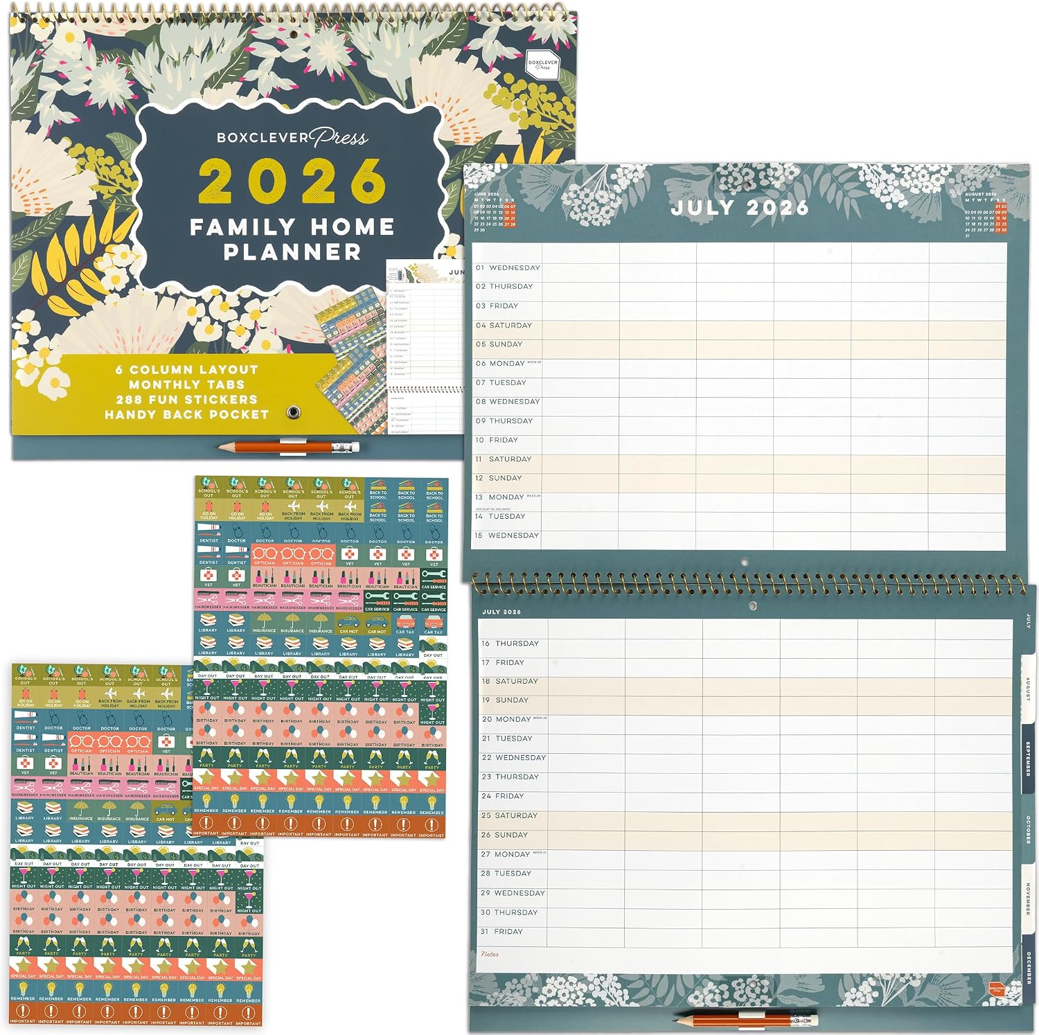 Boxclever Press Family Home Planner 2026 Calendar UK. Spacious Family Calendar 2026 runs Jan - Dec’26. Wall Calendar 2026 with 6 Column Layout. Family Planner 2026 with Tabs & Stickers.