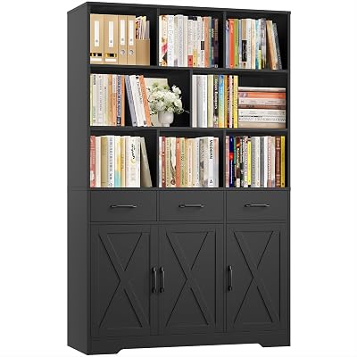 HOSTACK 71 Tall Storage Cabinet, Large Book Shelf with Drawers, Doors, Adjustable Shelf, Wooden Bookshelves and Bookcase, Modern Farmhouse 5 Tier Display Shelving Units for Home Office, Black