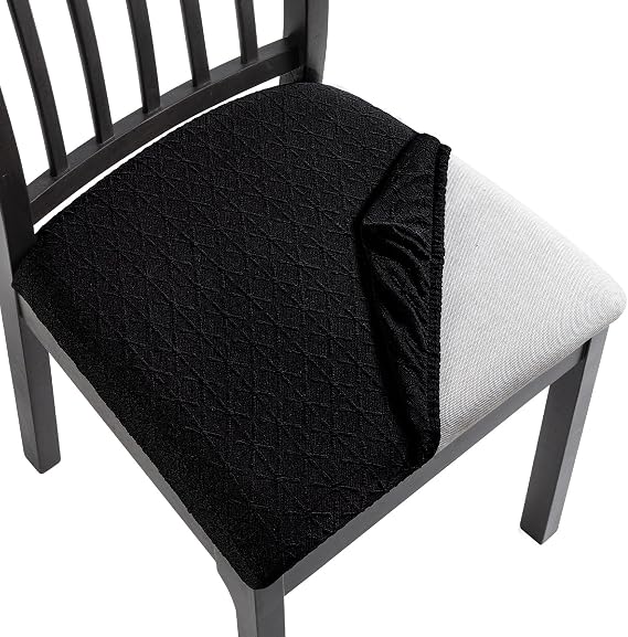 SearchI Seat Covers for Dining Room Chairs Stretch Jacquard Chair Seat Covers Set of 4, Removable Washable Upholstered Chair Seat Protector Cushion Slipcovers for Kitchen, Office(Black Geometric)