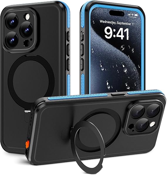 Oterkin Magnetic for iPhone 15 Pro Max Case Waterproof,[Compatible with MagSafe][Full Body Protection] Phone Case with Built-in [Invisible Foldable Stand & Screen Protector] (Blue)