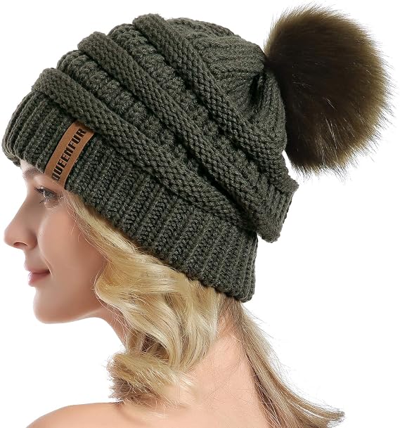Women Knit Slouchy Beanie Chunky Baggy Hat with Faux Fur Pompom Winter Soft Warm Ski Cap