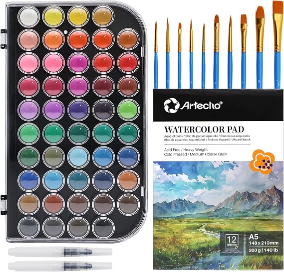 Artecho 48 Colors Watercolor Paint Set, 10 Brushes