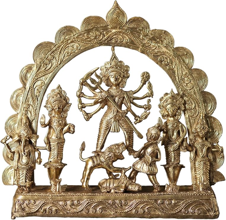 Exotic India 10" Goddess Mahishasur Mardini Tribal Brass Statue Tribal Dhokra Art Sacred Shakti Murti for Home and Temple Décor