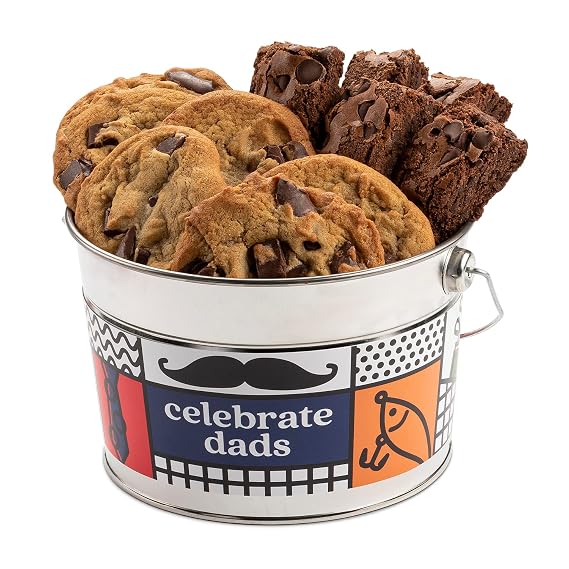 Davids Cookies Father's Day Assorted Cookies Bucket Sampler 1.3Lbs Assorted Fathers Day Cookies with Chocolate Chip Brownies and Chocolate Chunk Cookies Beautifully Decorated Tin Bucket
