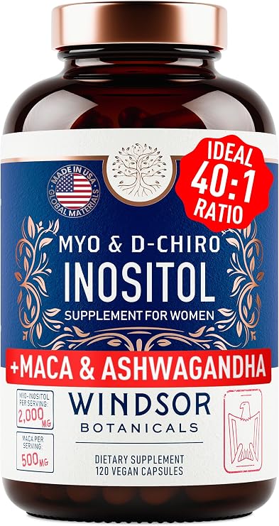 WINDSOR BOTANICALS Myo-Inositol & D-Chiro Inositol 40:1 Ratio - Inositol Supplements with Maca Root & Ashwagandha - 120 Vegan Capsules