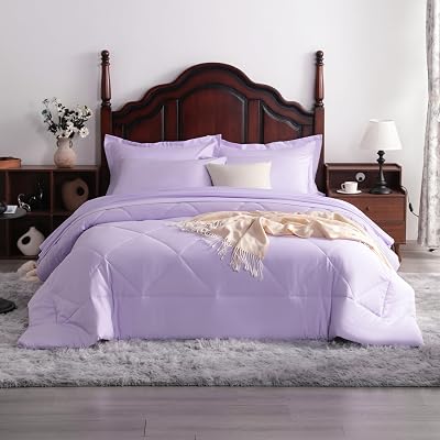 Queen Comforter Set 7 Pieces, All Seasons Bedding Set, Soft and Breathable Queen Bed in a Bag with Down Alternative Comforter, Sheets, Pillowcases & Shams, Light Purple