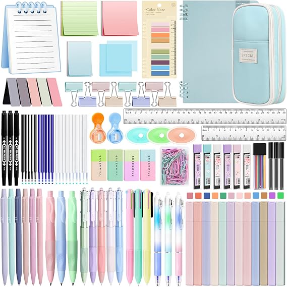 147 PCS Aesthetic Stationery Supplies with Blue Pen Case & Notebook, 12 Pastel Highlighters, 3 Erasable Pens, 5 Black Pens, 6 Mechanical Pencils, Stationery Set College Essentials