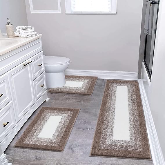 Bsmathom Bathroom Rug Sets 3 Piece, Non Slip Washable Bath Mats, Coffee