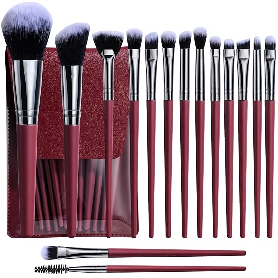 BS-MALL 15PCS Professional Makeup Brushes Set Multi-Purpose Travel-Friendly Makeup Brush Set with Case Affordable & Luxury Makeup Kit for Even Application (Silver red)