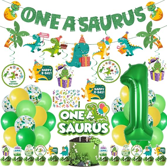 JUYRLE One a Saurus Birthday Decorations- Dinosaur 1st Birthday Decorations Boy, First Boys Party Decor with Balloon, Dinosaur Cake Topper, One a Saurus Banner, 1st Birthday Party Supplies