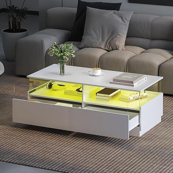HedoAjim Rectangular Coffee Tables with Storages, Modern White Coffee Table for Living Room, Rectangular Coffee Tables and 2 Spacious Drawers, Coffee Table with LED Light