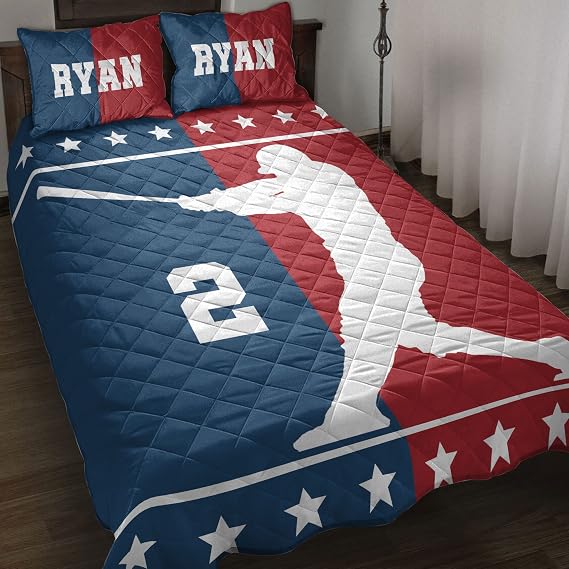 Ohaprints Custom Baseball Boy Red And Blue Player Fan Gift Idea Personalized Name Number Quilt Blanket & Pillowcases, Quilts Bedding Set & Pillow Cover, King Queen Double Twin Throw Full Size Bed Sets