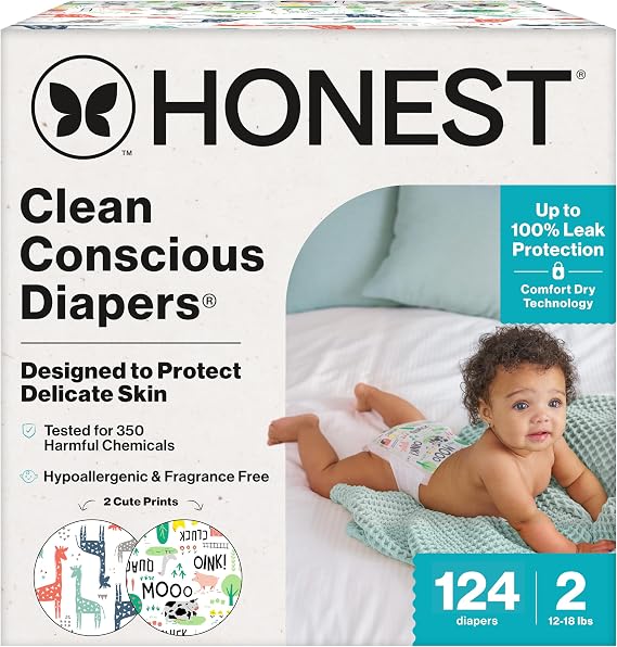 The Honest Company Daytime Diapers, Multi-Colored Giraffes, Size 2, 124ct