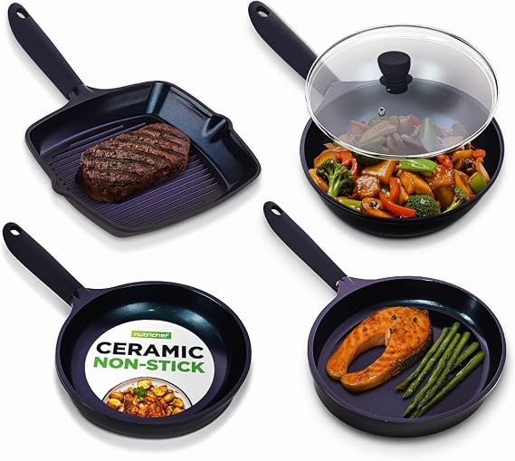NutriChef 5 Pc Frying Pan Set Nonstick, Blue Diamond Ceramic with Lid