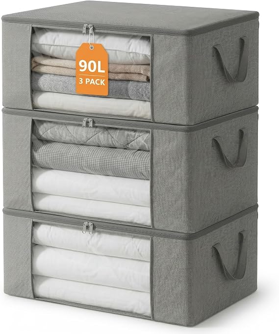 MGL 90L Large Clothes Storage Bags, Heavy Duty Thickened Fabric Organizer with Reinforced Handles & Strong Zippers, Clear Window Foldable Bag for Bedding, Blankets, Duvets - Grey - Pack of 3