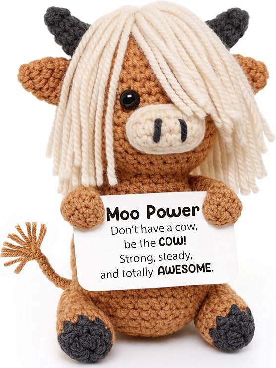 Funny Valentine's Day Gift for Him Her - Highland Cow Crochet Decor - Positive Thinking of You Gift - Handmade Cow Desk Decor Pocket Hug,Birthday for Women Men Coworkers Friends